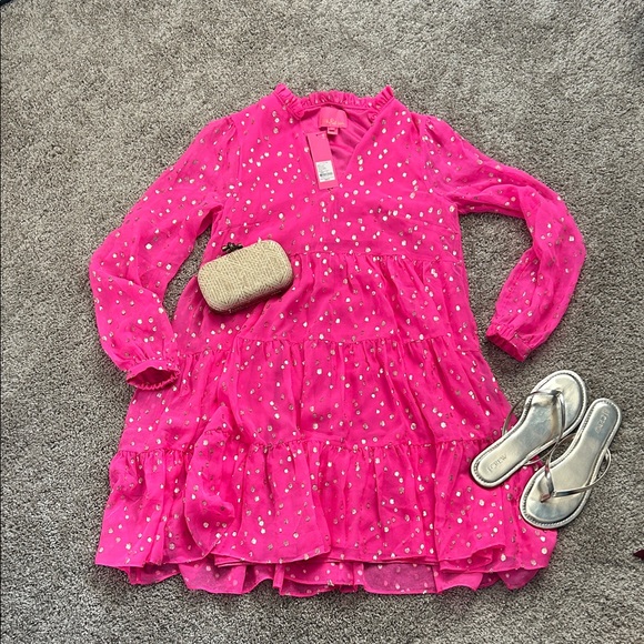 Lilly Pulitzer Dresses & Skirts - Lilly Pulitzer Sarita Silk Dress Hot Pink with Gold Metallic Dots